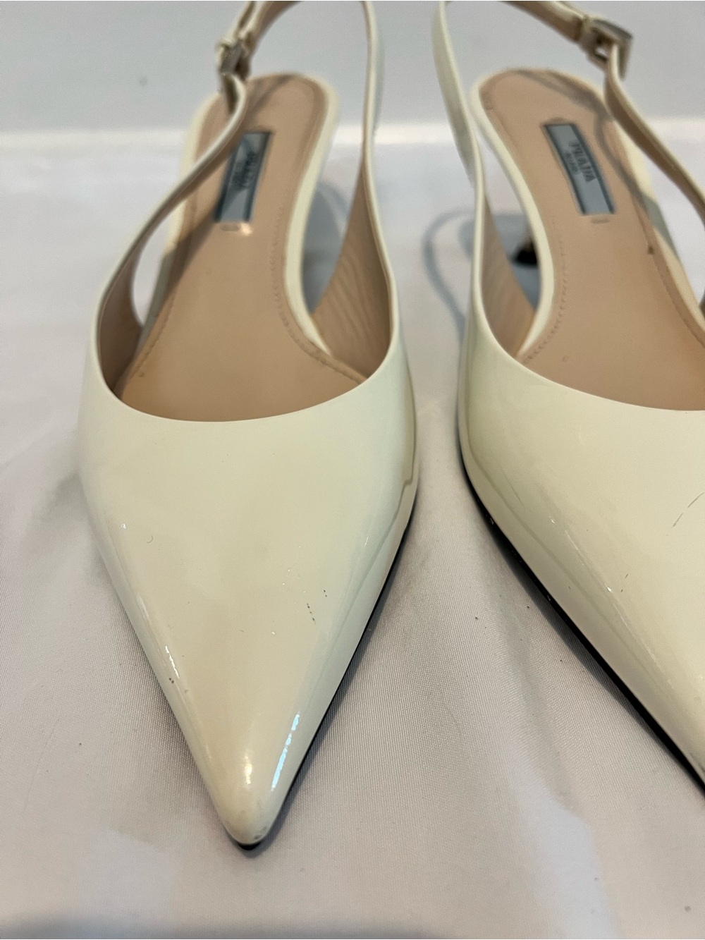 PRADA Ivory Patent Leather Pointed Toe Heels, Size 7 - Picture 7 of 8